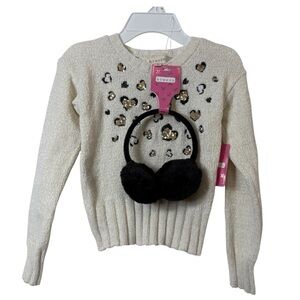 Kids Cream Sweater with Sequin Heart and Black Earmuffs